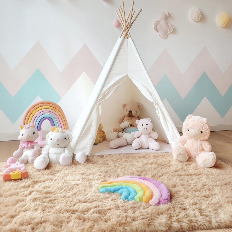 OLANLY Area Rugs for Living Room Bedroom, Machine Washable 4x5.9 ft Soft Fluffy Shaggy Bedside Rug, Indoor Floor Carpet for Kids Girls and Boys, Dorms, Nursery Rooms, Home Decor Aesthetic, Beige - Image 3