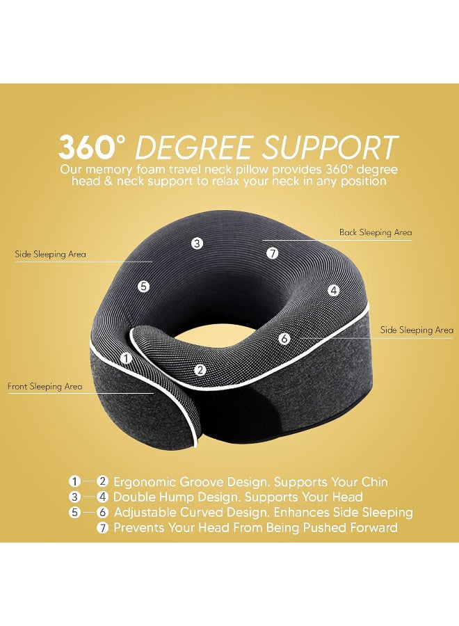 تومشو Neck Pillow Head, Chin, Neck 360° Support Pillow Adjustable 100% Pure Memory Foam Pillow for Airplanes, Car & Home, Ergonomic Design Full Neck Surround Bundle Eyecover & Earplugs (Black)  - Image 4