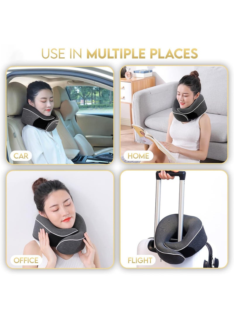 تومشو Neck Pillow Head, Chin, Neck 360° Support Pillow Adjustable 100% Pure Memory Foam Pillow for Airplanes, Car & Home, Ergonomic Design Full Neck Surround Bundle Eyecover & Earplugs (Black)  - Image 2