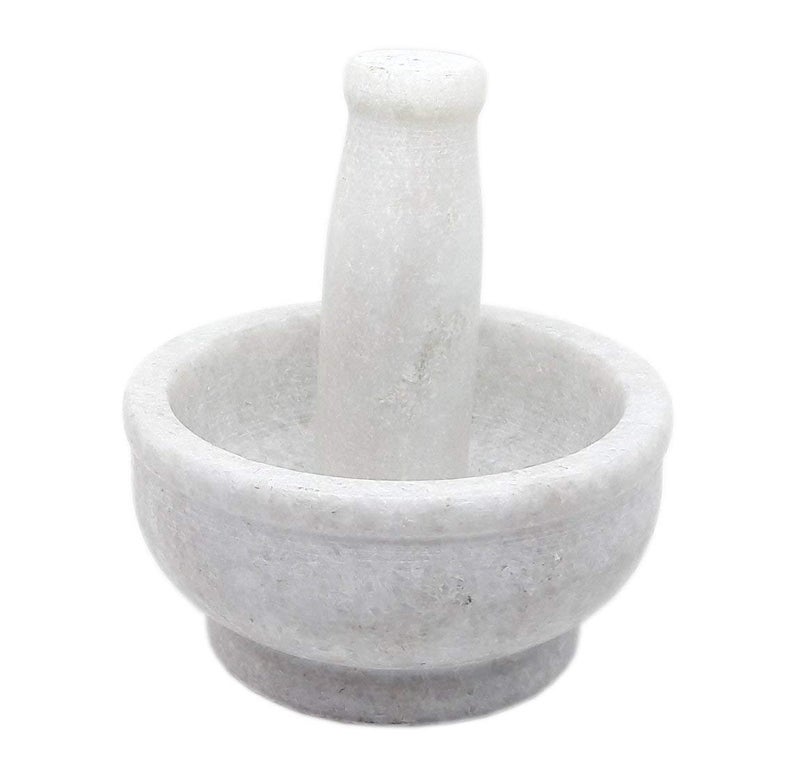 LMR3 Mamta Creations Marble Mortar and Pestle Sets Ayurvedic medicine crusher bowl ceramic porcelain masherKharalKhalbattaImam DastaOhkli MusalSpice Grinder for Home 4 Inches White with Dots - Image 3