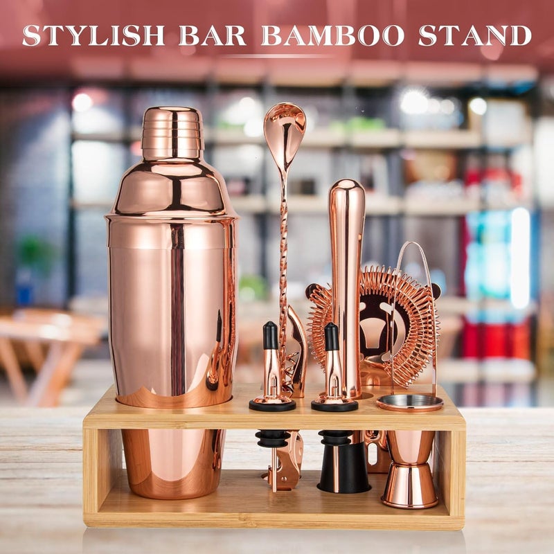Semderm Cocktail Shaker Set, Mixology Bartender Kit 10-Piece Bar Tool Set with Stylish Bamboo Stand, Bar kit: Martini Shaker Mixing Spoon Muddler Jigger Corksrew for Barware Set | Rose - Image 3
