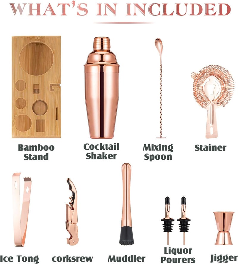 Semderm Cocktail Shaker Set, Mixology Bartender Kit 10-Piece Bar Tool Set with Stylish Bamboo Stand, Bar kit: Martini Shaker Mixing Spoon Muddler Jigger Corksrew for Barware Set | Rose - Image 2