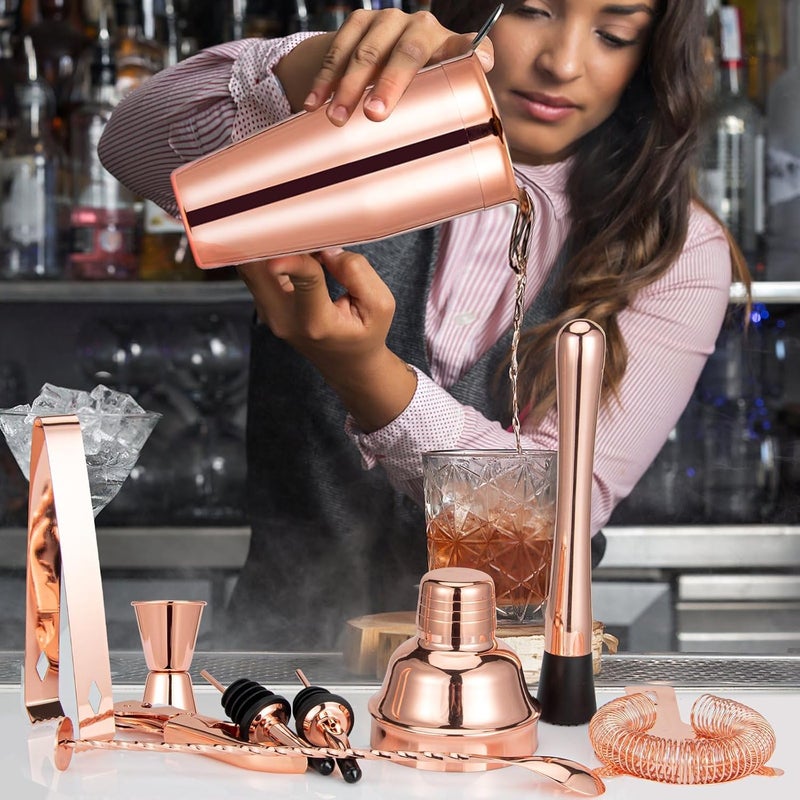 Semderm Cocktail Shaker Set, Mixology Bartender Kit 10-Piece Bar Tool Set with Stylish Bamboo Stand, Bar kit: Martini Shaker Mixing Spoon Muddler Jigger Corksrew for Barware Set | Rose - Image 5