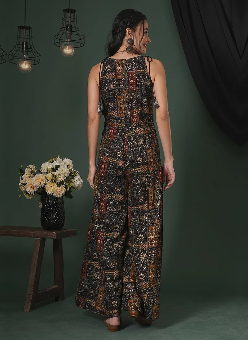 Globus Blue, Mustard Globus Women's Blue Floral Printed Flared Fusion Jumpsuit with Tassel Straps for Women | Best Price UAE