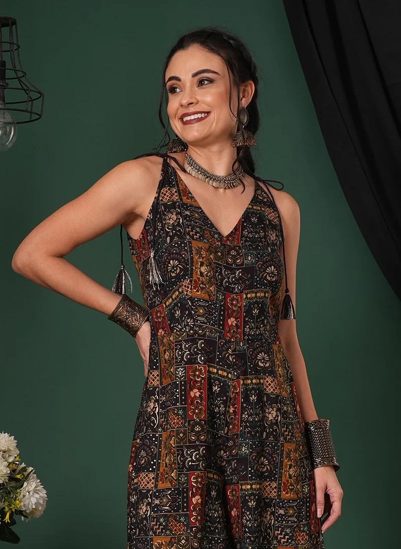Globus Blue, Mustard Globus Women's Blue Floral Printed Flared Fusion Jumpsuit with Tassel Straps for Women | Best Price UAE