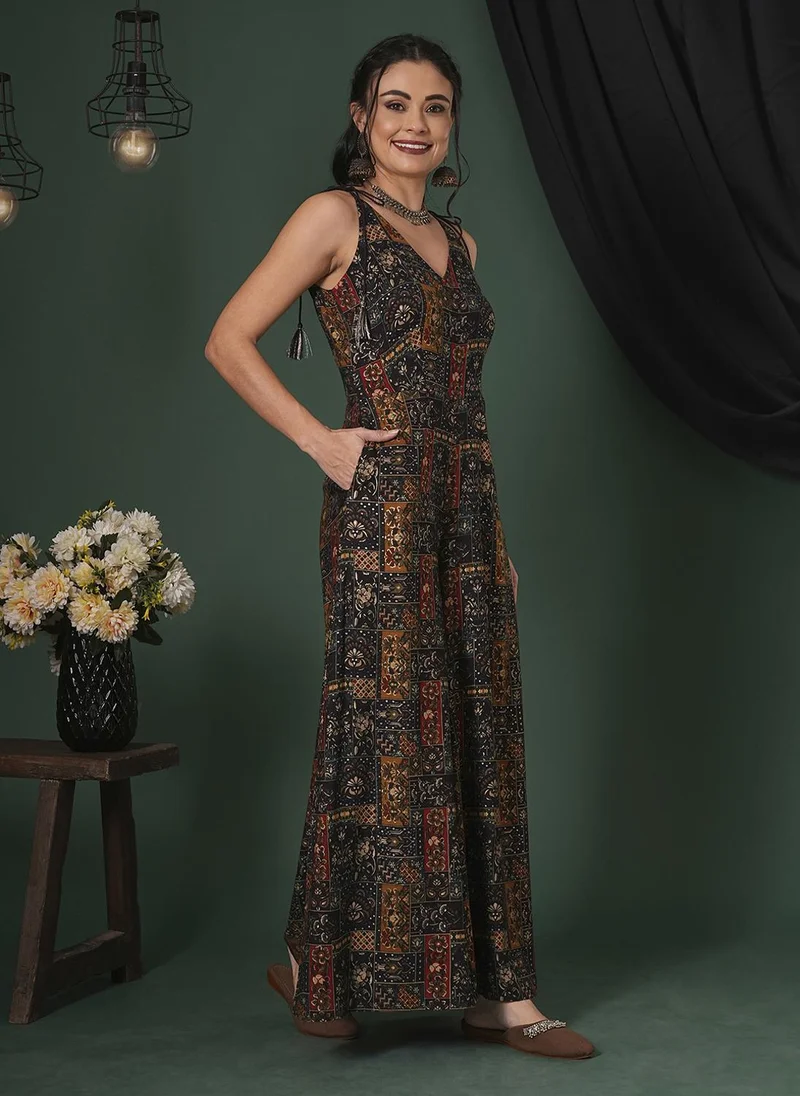 Globus Blue, Mustard Globus Women's Blue Floral Printed Flared Fusion Jumpsuit with Tassel Straps for Women | Best Price UAE