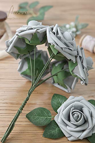 Floroom Artificial Flowers 50pcs Real Looking Silver Grey Foam Fake Roses with Stems for DIY Wedding Bouquets Bridal Shower Centerpieces Floral Arrangements Party Tables Home Decorations - Image 2