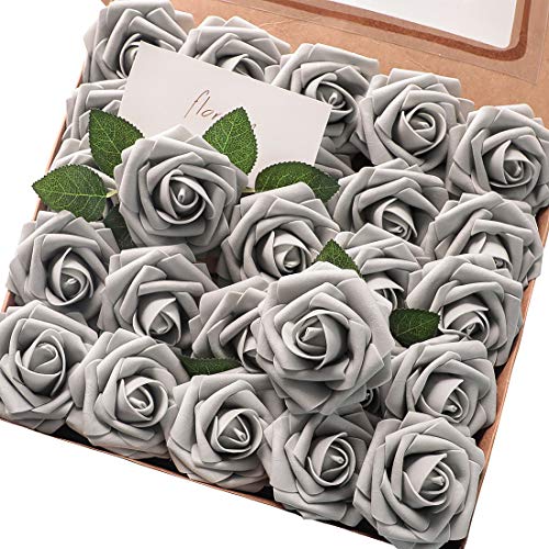 Floroom Artificial Flowers 50pcs Real Looking Silver Grey Foam Fake Roses with Stems for DIY Wedding Bouquets Bridal Shower Centerpieces Floral Arrangements Party Tables Home Decorations - Image 1