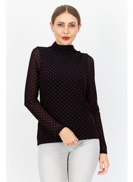 Zero Women High Neck Long Sleeve All Over Print Blouse Top, Black  - Image 1