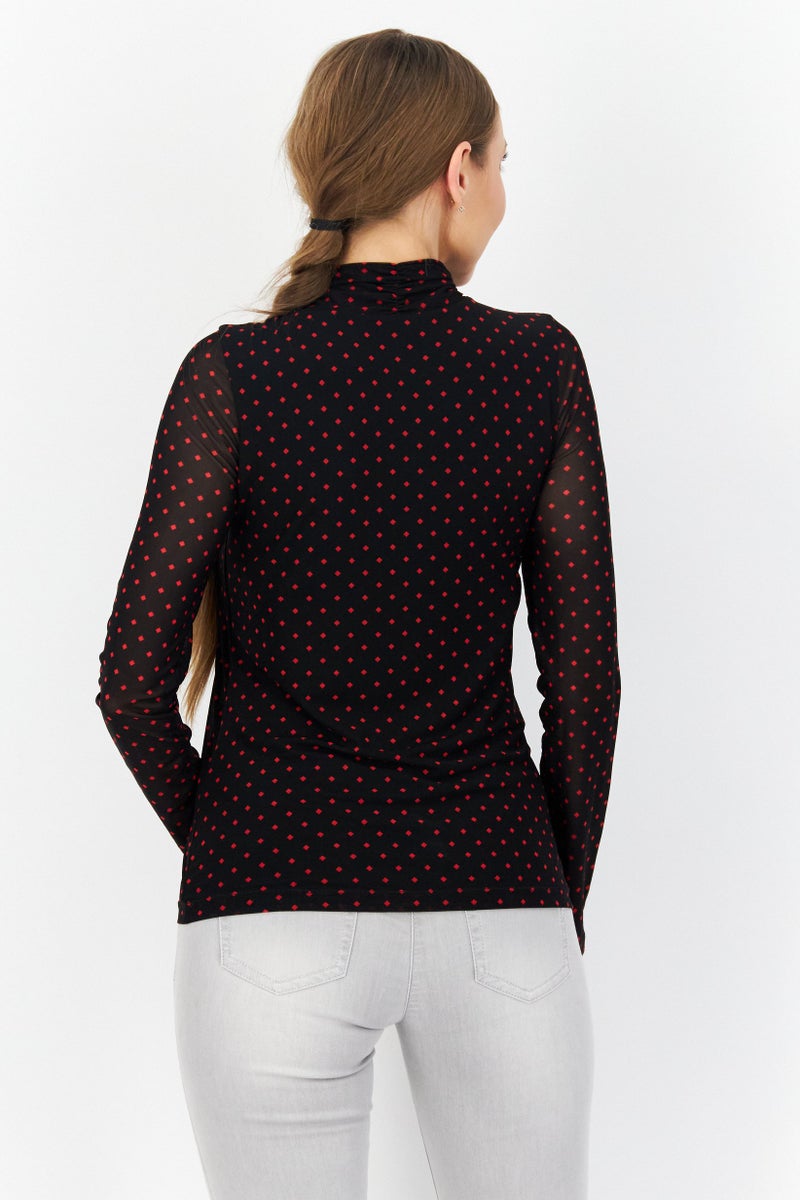 Zero Women High Neck Long Sleeve All Over Print Blouse Top, Black - Image 2