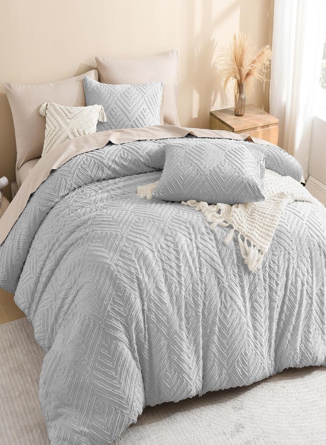 Litanika Light Grey Full Comforter Set, 3 Pieces Tufted Boho Farmhouse Bedding Comforter Sets, Lightweight Fluffy Comforter Bed Set for All Season (79x90In Comforter and 2 Pillowcases) - Image 1