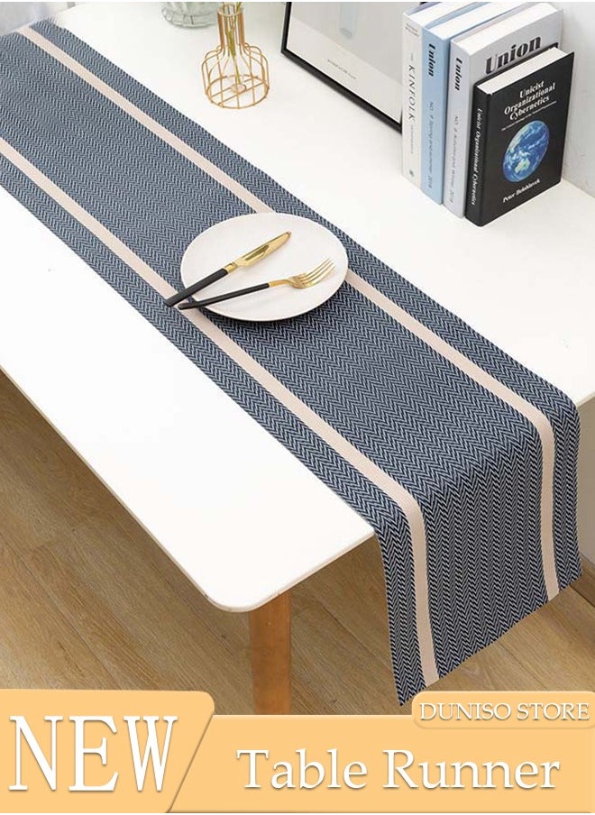 DUNISO Table Runner, Blue Table Runner Woven with Golden Threads, 30x180 CM Heat Resistant Table Runner Wipeable Waterproof Dining Table Runner for Kitchen, Coffee Table, Home Decor  - Image 1