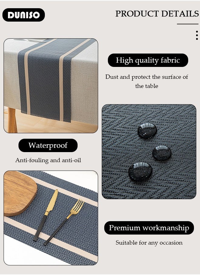 DUNISO Table Runner, Blue Table Runner Woven with Golden Threads, 30x180 CM Heat Resistant Table Runner Wipeable Waterproof Dining Table Runner for Kitchen, Coffee Table, Home Decor  - Image 3