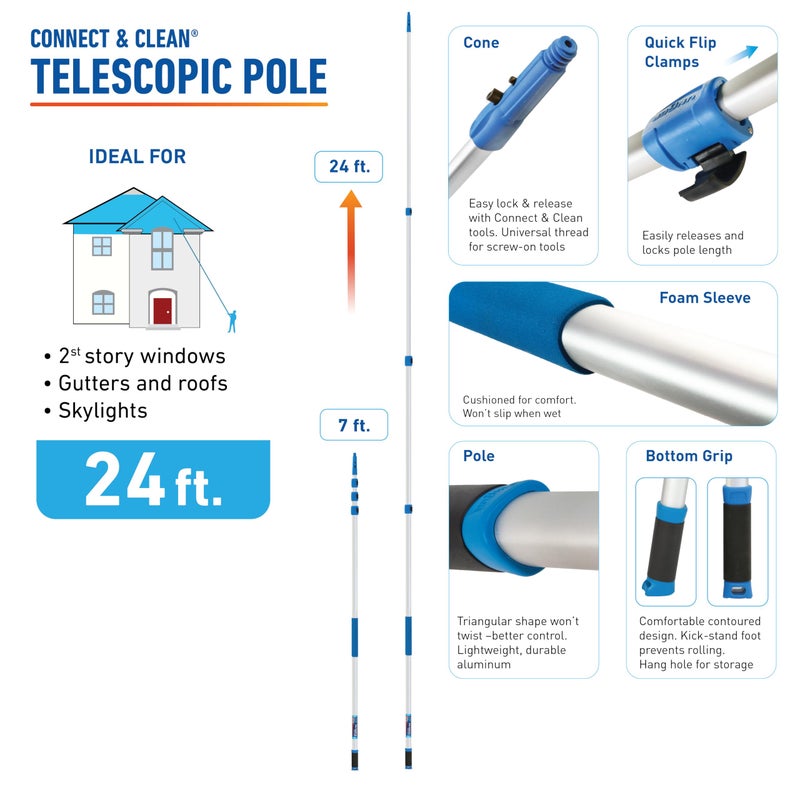 Unger Professional Connect and Clean 7â€™-24â€™ Aluminum Telescopic Extension Pole with Locking Cone and Quick-Flip Clamp, Indoor and Outdoor Use, Compatible with Cleaning Tool Attachments - Image 5