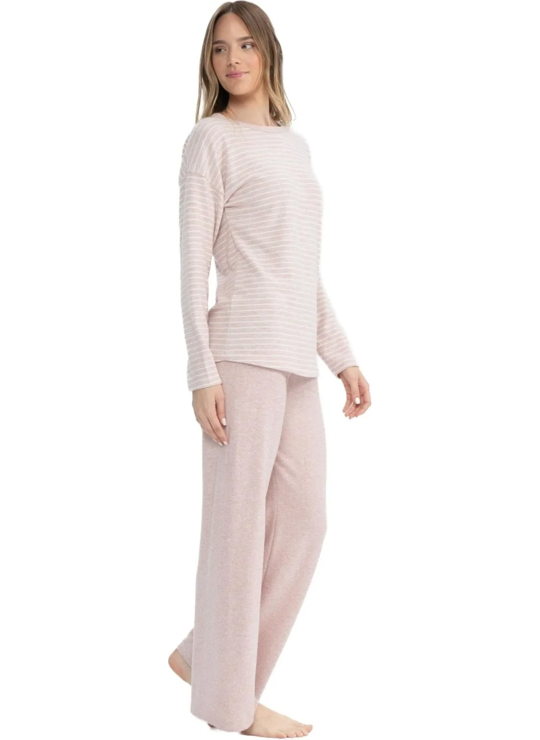 يو اس بولو اسن 17083 Women's Pink Melange Long Sleeve Round Neck Pajama Set