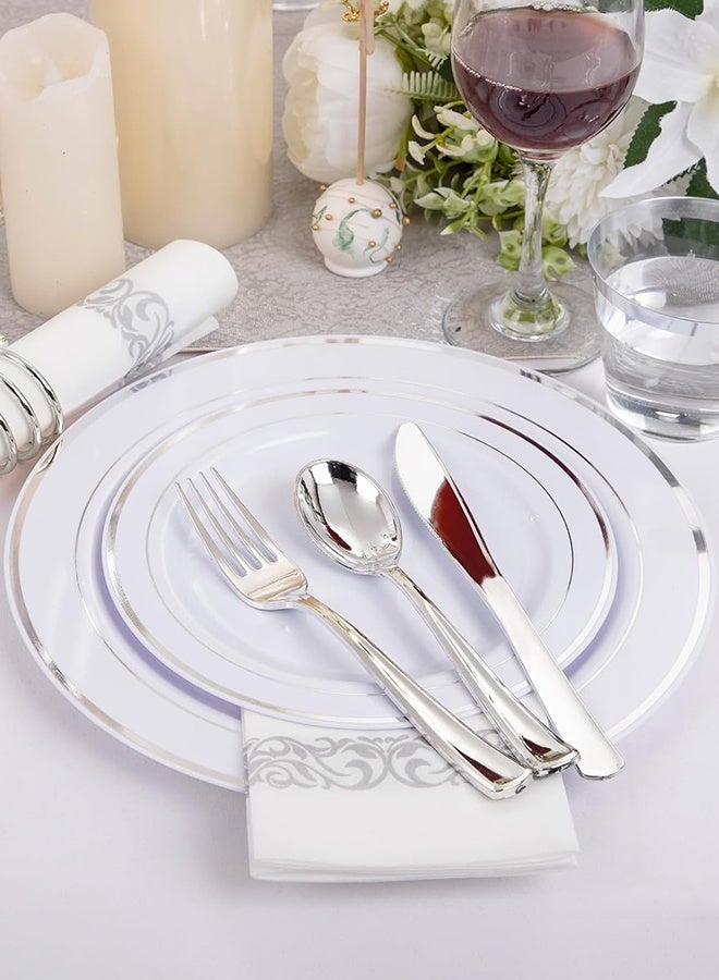 YIM-VIBEHAUS 200PCS Disposable Dinnerware Set for 25 Guests, Plastic Plates for Party, 25 Silver Disposable Plates, 25 Dessert Plates, 25 Knives , 25 Spoons, 25 Forks, 25 Cups, 25 Straws and 25 Napkins, Disposable Food Container Meal Prep Container for Wedding and New Year Party Silver - Image 5