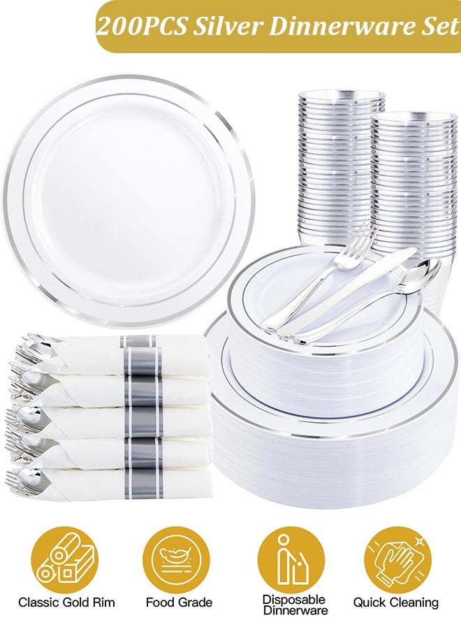 YIM-VIBEHAUS 200PCS Disposable Dinnerware Set for 25 Guests, Plastic Plates for Party, 25 Silver Disposable Plates, 25 Dessert Plates, 25 Knives , 25 Spoons, 25 Forks, 25 Cups, 25 Straws and 25 Napkins, Disposable Food Container Meal Prep Container for Wedding and New Year Party Silver - Image 1