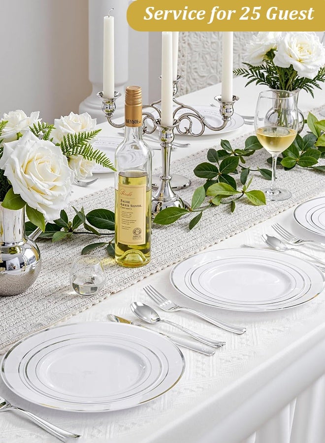 YIM-VIBEHAUS 200PCS Disposable Dinnerware Set for 25 Guests, Plastic Plates for Party, 25 Silver Disposable Plates, 25 Dessert Plates, 25 Knives , 25 Spoons, 25 Forks, 25 Cups, 25 Straws and 25 Napkins, Disposable Food Container Meal Prep Container for Wedding and New Year Party Silver - Image 3