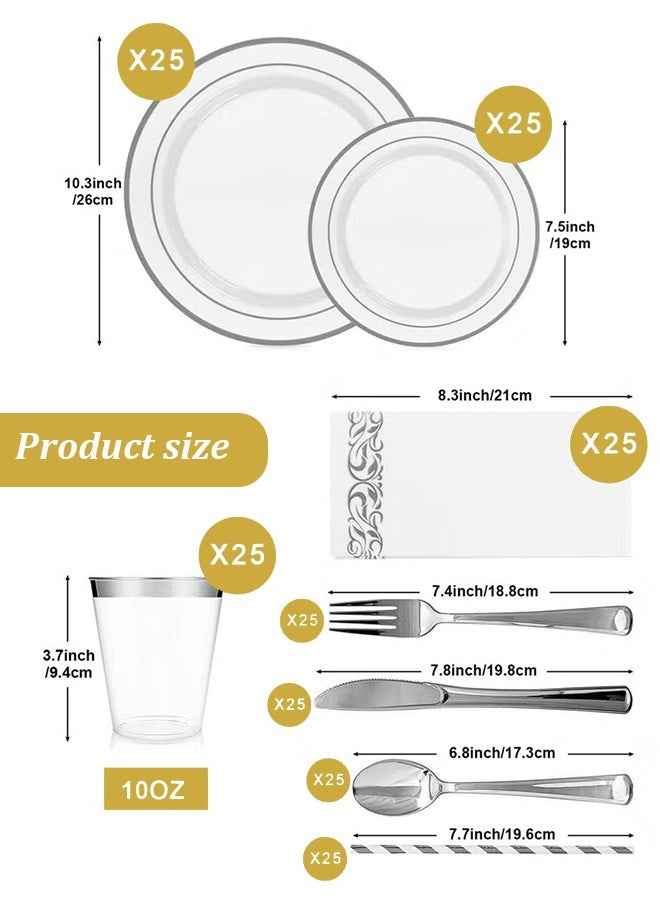 YIM-VIBEHAUS 200PCS Disposable Dinnerware Set for 25 Guests, Plastic Plates for Party, 25 Silver Disposable Plates, 25 Dessert Plates, 25 Knives , 25 Spoons, 25 Forks, 25 Cups, 25 Straws and 25 Napkins, Disposable Food Container Meal Prep Container for Wedding and New Year Party Silver - Image 2
