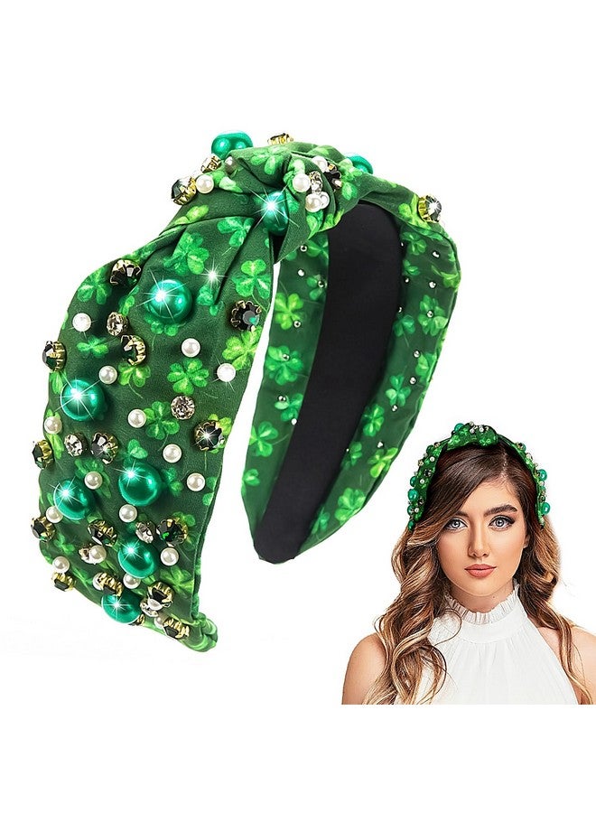 Doneace St.Patrick'S Day Headbands For Women Green Shamrock Knotted Hairband Sparkling Jeweled Crystal Rhinestone Wide Top Knot Headband For Irish Holiday Party Hair Accessories Gifts - Image 1
