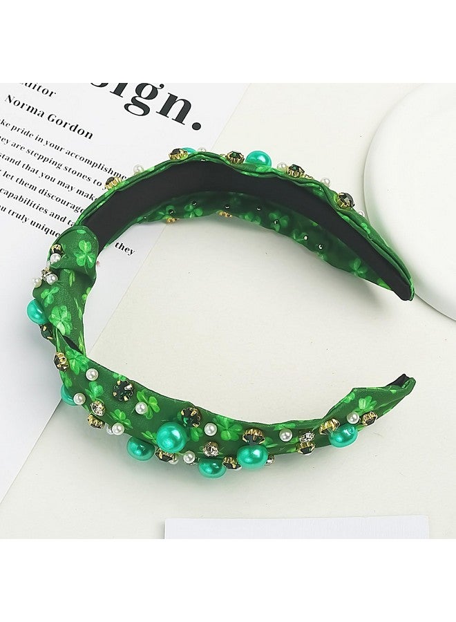 Doneace St.Patrick'S Day Headbands For Women Green Shamrock Knotted Hairband Sparkling Jeweled Crystal Rhinestone Wide Top Knot Headband For Irish Holiday Party Hair Accessories Gifts - Image 3