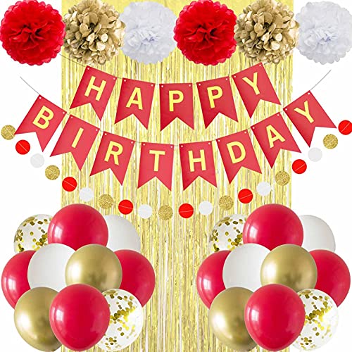 ANSOMO Red and Gold Happy Birthday Party Decorations with Banner Balloons Pom Poms Foil Fringe Curtains for Girls Women - Image 1