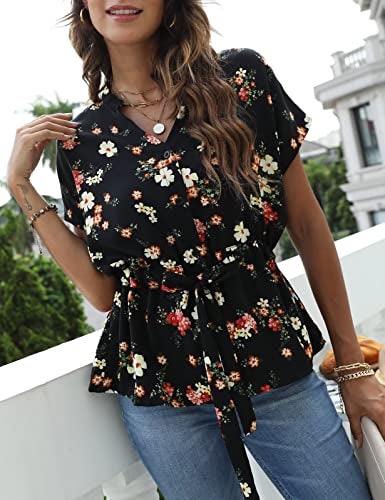 CiCiBird Womens Button Down Blouses Casual Peplum Summer Tops Dressy Chiffon Work Blouse Floral Black - Image 3