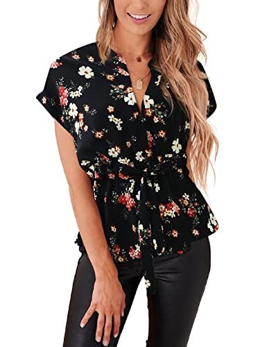 CiCiBird Womens Button Down Blouses Casual Peplum Summer Tops Dressy Chiffon Work Blouse Floral Black - Image 1