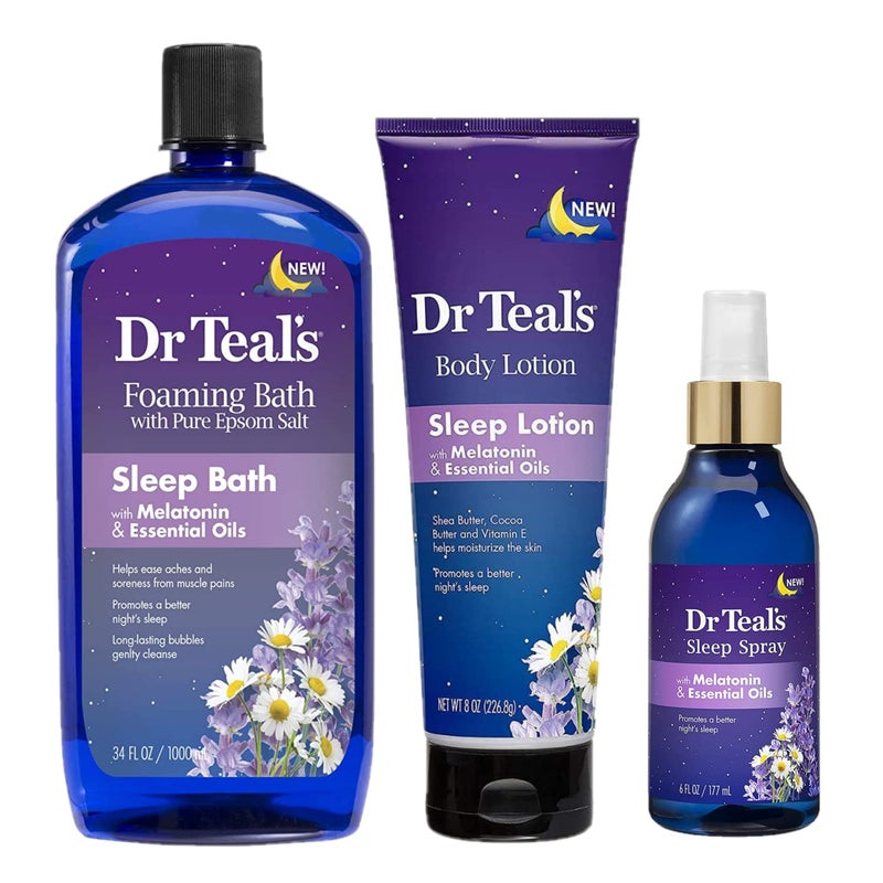 Dr Teal's Dr Teals Melatonin Sleep Bath Gift Set (Foaming Bath (34 oz), Body Lotion (8 oz), & Sleep Spray (6oz) - Stress Relief Lavender & Melatonin Promotes Better Sleep - At Home Spa Kit - Relax Before Bed 