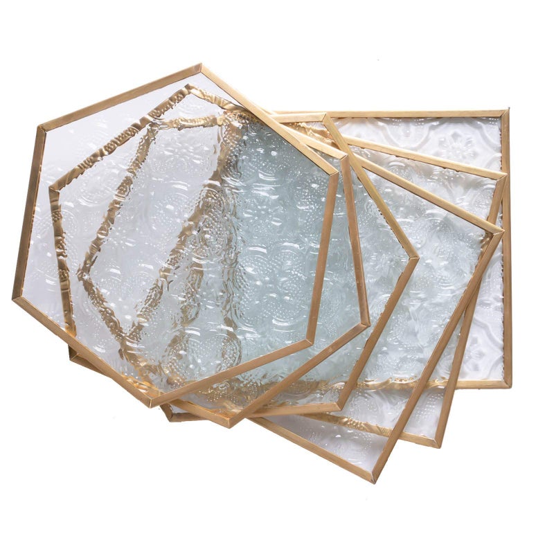 Yolmina Glass Gold Coasters for Drinks, 6 Pcs Cup Coaster Set with Carved Glass Stylish for Coffee Tea Wine Coasters for Bar with Brass Edge Hexagon and Square Coasters Home Decor  - Image 1