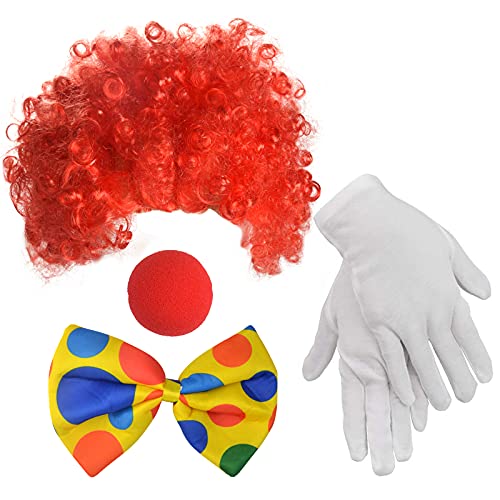 jiebor Clown Costume Red Clown Wig Accessories Nose Bow Tie White Gloves for Men Women Adults - Image 1