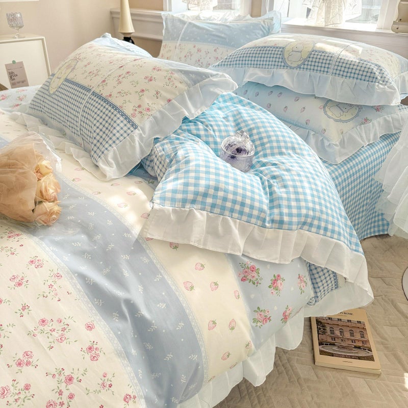 AMZTOP Blue Reversible Ruffle Duvet Cover Set King Cute Floral Rabbits Comforter Cover with 2 Pillowcases 3 pcs 100% Cotton Aesthetic Bedding Set with Zipper Closure for Girl Women, King 90 * 104â€ - Image 1