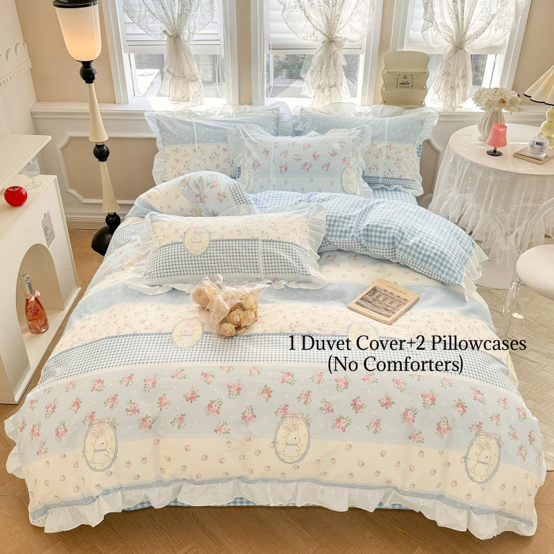 AMZTOP Blue Reversible Ruffle Duvet Cover Set King Cute Floral Rabbits Comforter Cover with 2 Pillowcases 3 pcs 100% Cotton Aesthetic Bedding Set with Zipper Closure for Girl Women, King 90 * 104â€ - Image 2