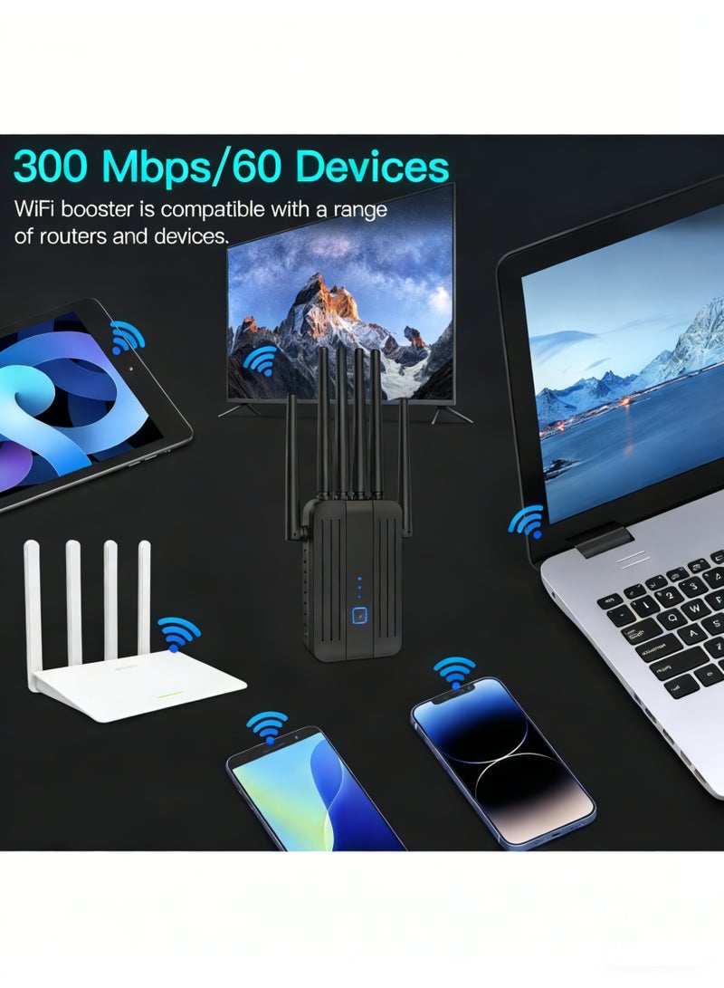 موسع نطاق شبكة واي فاي لاسلكي أحادي النطاق بسرعة 300 ميجابت في الثانية بتردد 2.4 جيجاهرتز، معزز إشارة مزود بـ 6 هوائيات، مكرر واي فاي لاسلكي بمنفذ إيثرنت، يدعم توصيل المزيد من الأجهزة، معزز إنترنت لتغطية واي فاي شاملة بزاوية 360 درجة للمنزل، لون أسود. - Image 2