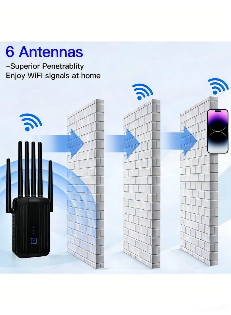 موسع نطاق شبكة واي فاي لاسلكي أحادي النطاق بسرعة 300 ميجابت في الثانية بتردد 2.4 جيجاهرتز، معزز إشارة مزود بـ 6 هوائيات، مكرر واي فاي لاسلكي بمنفذ إيثرنت، يدعم توصيل المزيد من الأجهزة، معزز إنترنت لتغطية واي فاي شاملة بزاوية 360 درجة للمنزل، لون أسود. - Image 3