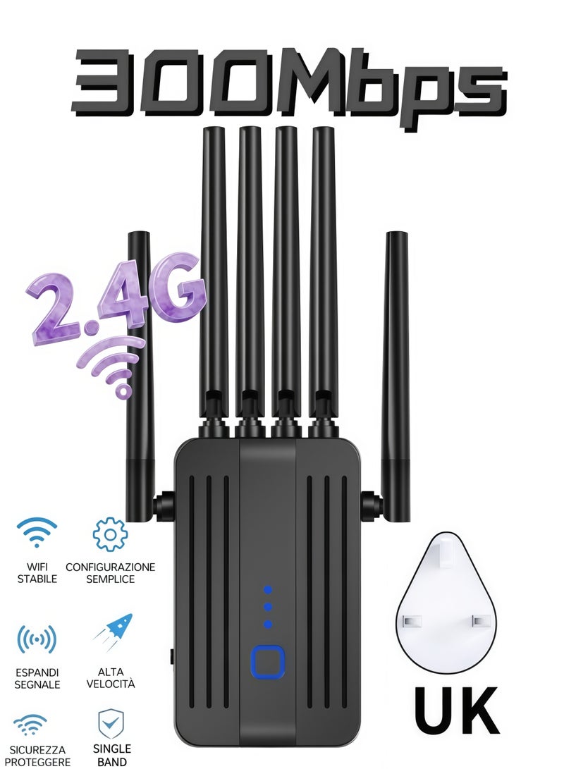 300Mbps Single Band 2.4GHz Wirelss WiFi Extender, Signal Booster with 6 Antennas, Wireless WiFi Repeater with Ethernet Port, More Devices, Internet Extender WiFi Booster for Home, 360° Full Coverage, Black - Image 1