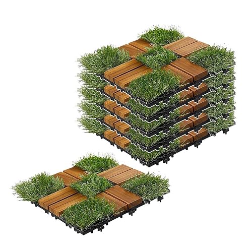 Sharpex Artificial Grass Wooden Deck Tiles with Interlocking | Teak Wood Decking Water Resistant Tile for Balcony, Terrace, Garden | Quick Flooring Solution for Indoor/Outdoor (6) - Image 1