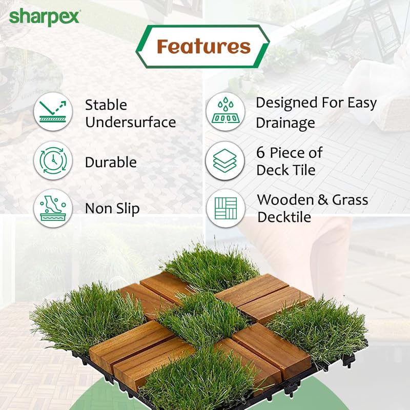 Sharpex Artificial Grass Wooden Deck Tiles with Interlocking | Teak Wood Decking Water Resistant Tile for Balcony, Terrace, Garden | Quick Flooring Solution for Indoor/Outdoor (6) - Image 3