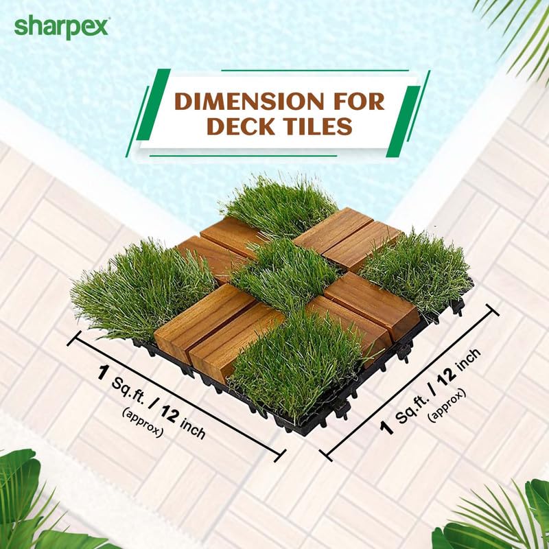 Sharpex Artificial Grass Wooden Deck Tiles with Interlocking | Teak Wood Decking Water Resistant Tile for Balcony, Terrace, Garden | Quick Flooring Solution for Indoor/Outdoor (6) - Image 2