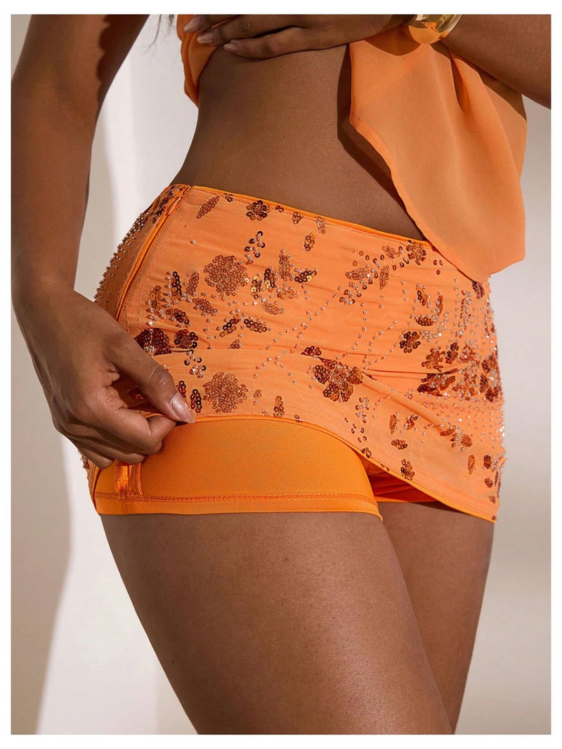 MakeMeChic Women's Sequin Mini Skirt Y2K Sparkly Micro Pencil Skirt Orange Medium - Image 4