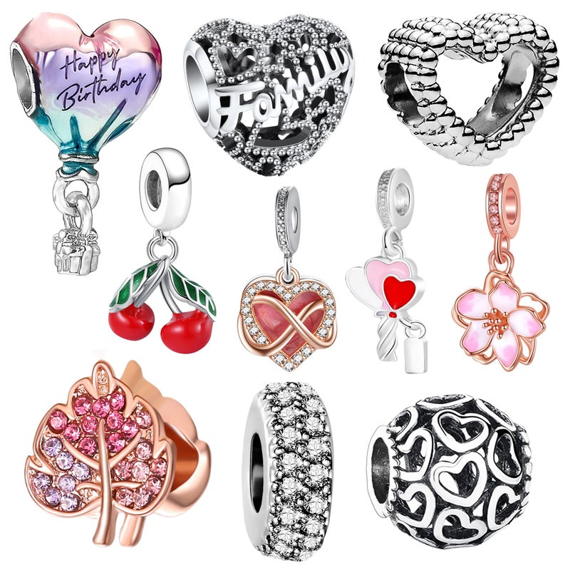 HCMY 10 Pack Silver Bead Charms for Bracelets and Necklaces Charm for Woman Cubic Zirconias Dangle Pendant Jewelry Beads Set Family Balloon - Image 1