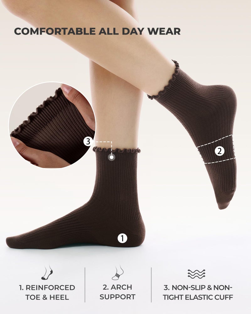 FITRELL 6 Pairs Ruffle Socks, Womens Soft Breathable Cute Lettuce Ankle Crew Frilly Socks, Medium, Dark Brown+Brown+khaki+Cream+Light Pink+Orange - Image 5