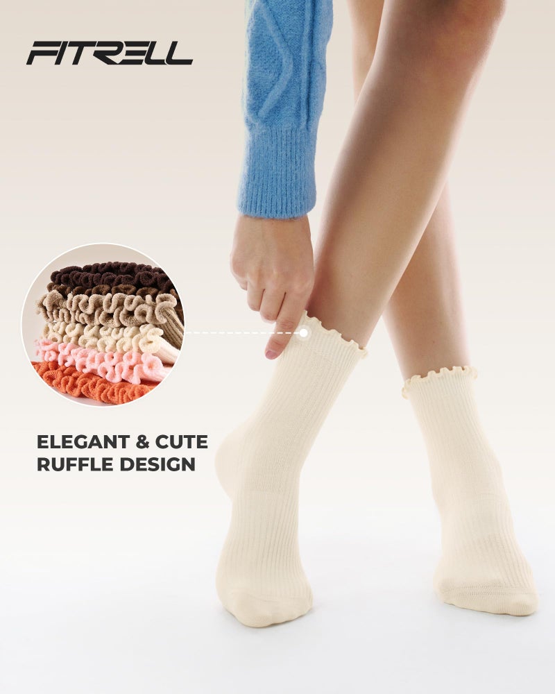 FITRELL 6 Pairs Ruffle Socks, Womens Soft Breathable Cute Lettuce Ankle Crew Frilly Socks, Medium, Dark Brown+Brown+khaki+Cream+Light Pink+Orange - Image 4
