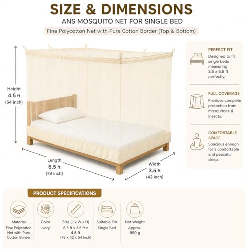 ANS Fine Polycotton Mosquito Net for Single Bed (Ivory, 3.5 x 6.5 ft) – Breathable Mesh with Cotton Border on Top & Bottom, Durable Hanging Bed Net for Mosquito Protection - Image 2