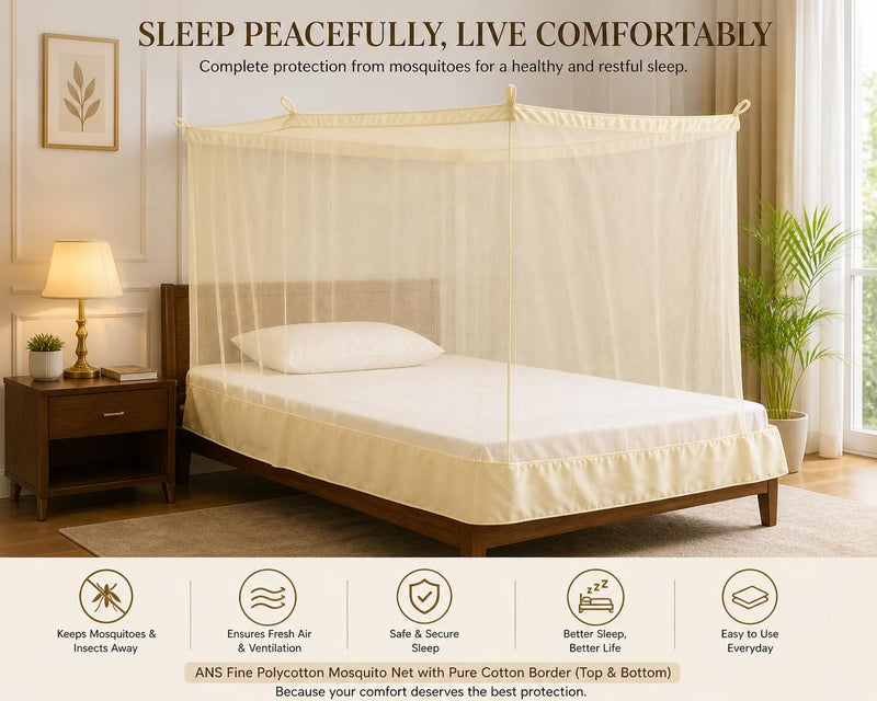 ANS Fine Polycotton Mosquito Net for Single Bed (Ivory, 3.5 x 6.5 ft) – Breathable Mesh with Cotton Border on Top & Bottom, Durable Hanging Bed Net for Mosquito Protection - Image 4