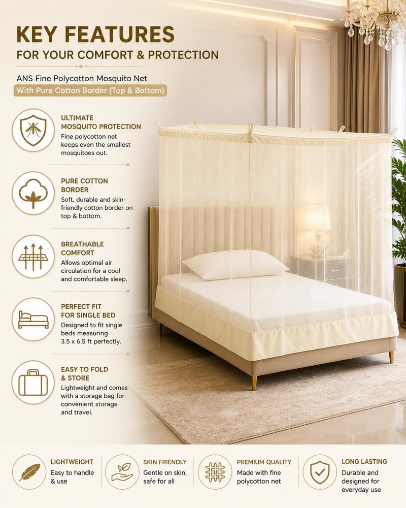 ANS Fine Polycotton Mosquito Net for Single Bed (Ivory, 3.5 x 6.5 ft) – Breathable Mesh with Cotton Border on Top & Bottom, Durable Hanging Bed Net for Mosquito Protection - Image 5