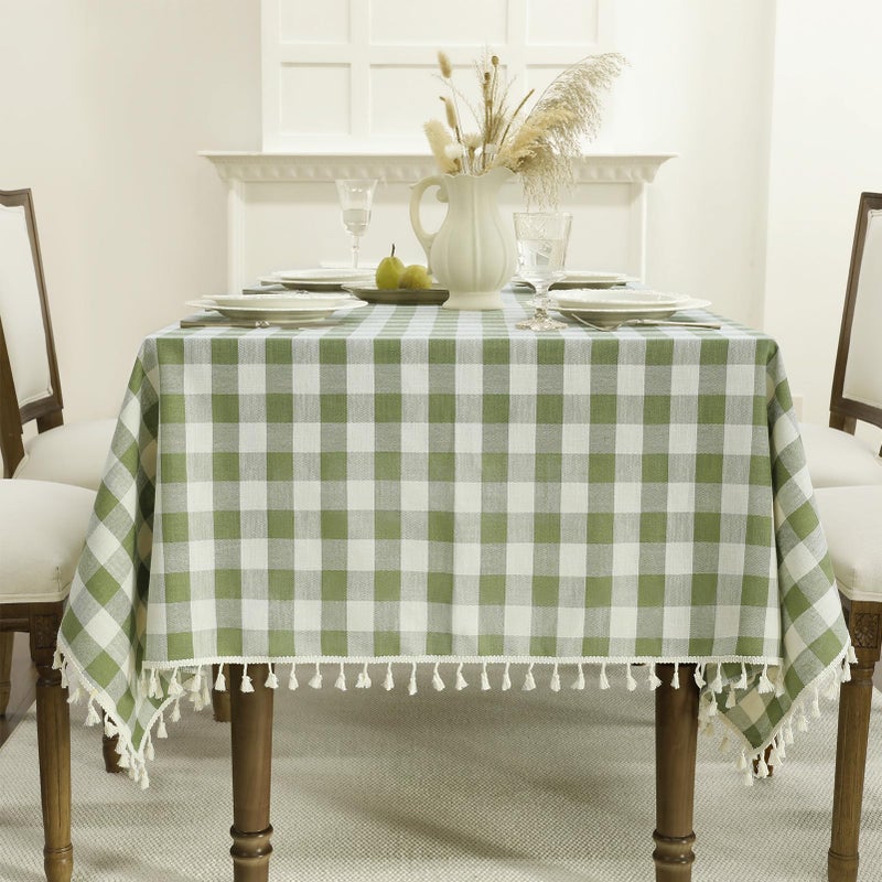 Romanstile Checkered Tablecloth Rectangle, Heavy Duty Linen Cotton Gingham Table Cloth with Tassel, Wrinkle Free Buffalo Plaid Table Cover for Dining Party Decor - 55 x 70 Inch, Sage - Image 1