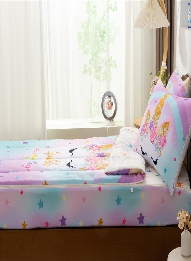 NTBED طقم مفروشات سرير بسحاب مطبوع عليه يونيكورن من NTBED، مقاس مفرد، للأطفال البنات، خفيف الوزن، مصنوع من الألياف الدقيقة، طقم لحاف مزين بنقشة زهور وقوس قزح، مع ملاءة مثبتة وأغطية وسائد، أزرق بنفسجي - Image 3