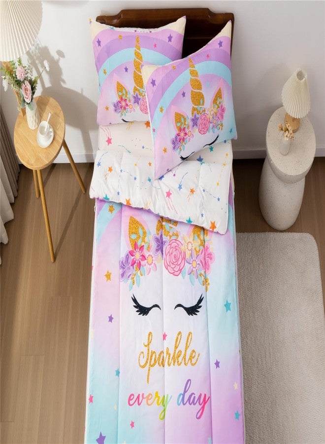 NTBED طقم مفروشات سرير بسحاب مطبوع عليه يونيكورن من NTBED، مقاس مفرد، للأطفال البنات، خفيف الوزن، مصنوع من الألياف الدقيقة، طقم لحاف مزين بنقشة زهور وقوس قزح، مع ملاءة مثبتة وأغطية وسائد، أزرق بنفسجي - Image 2