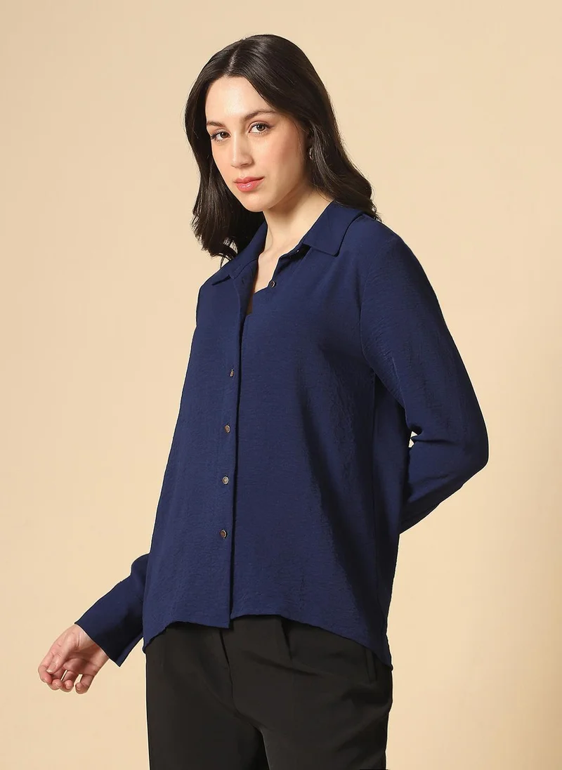 globus Globus Women Blue Collared Neck Cuffed Sleeves Self Design Curved Hem Workwear Shirt